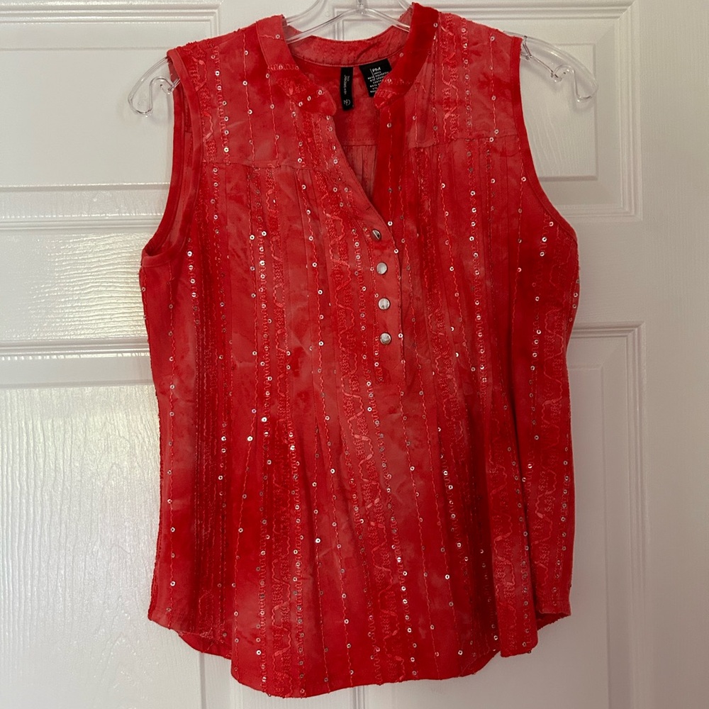 New Directions Orange Sequined Button Up Sleeveless Top Size PM